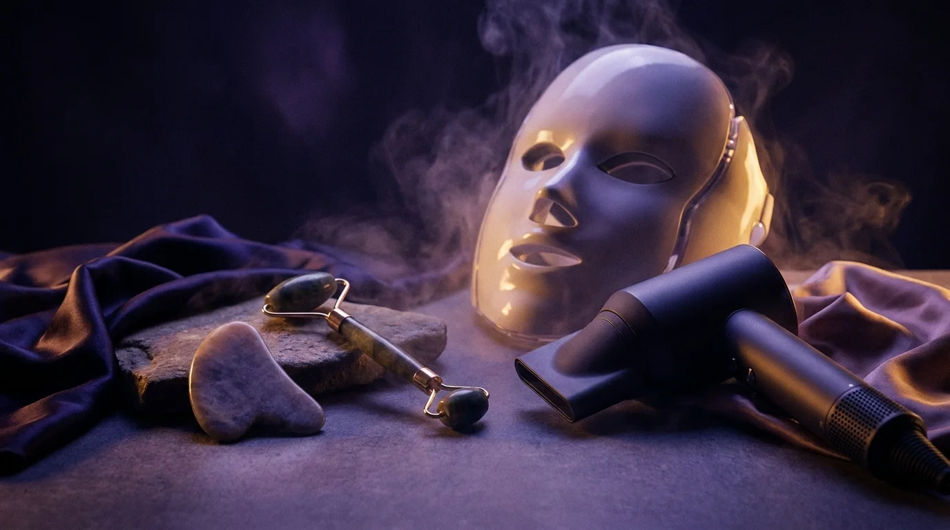 At-home beauty devices — LED mask, gua sha and facial roller